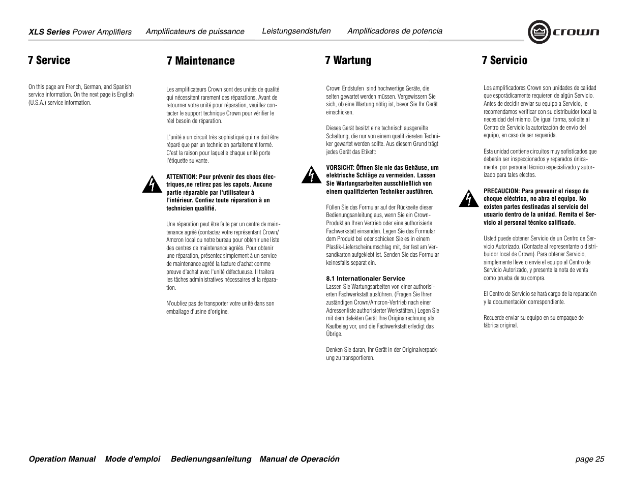 7 service, 7 maintenance 7 wartung 7 servicio | Crown Equipment XLS 602 User Manual | Page 25 / 36