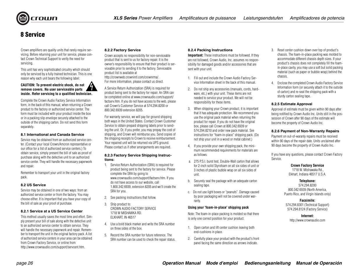 8 service | Crown Equipment XLS 602 User Manual | Page 26 / 36