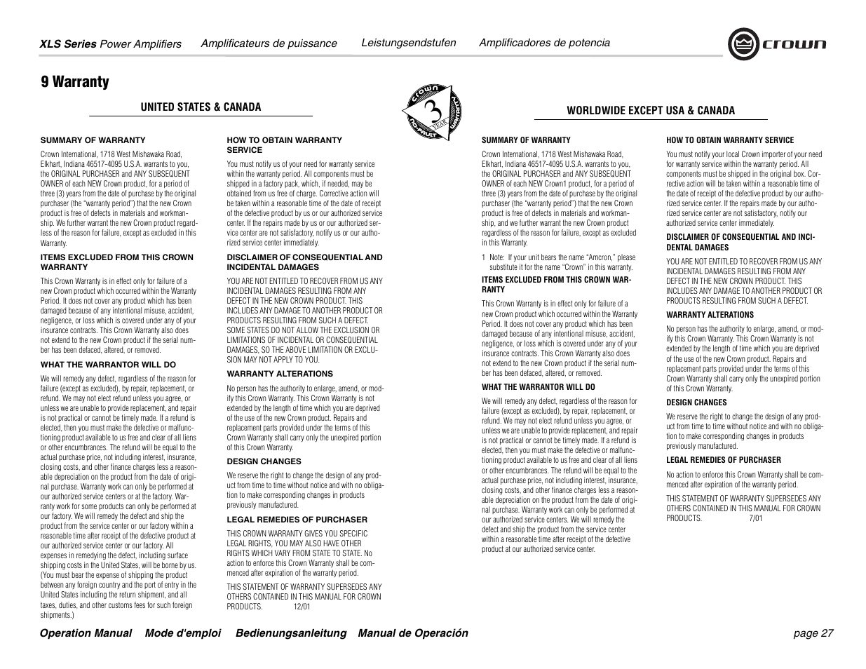 9 warranty | Crown Equipment XLS 602 User Manual | Page 27 / 36