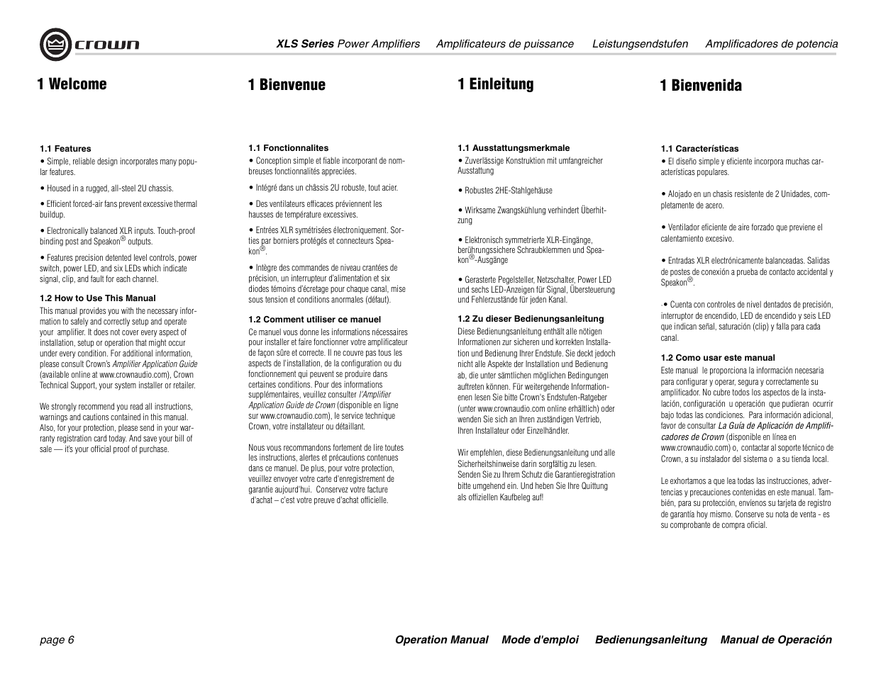 1 welcome 1 bienvenue 1 einleitung 1 bienvenida | Crown Equipment XLS 602 User Manual | Page 6 / 36