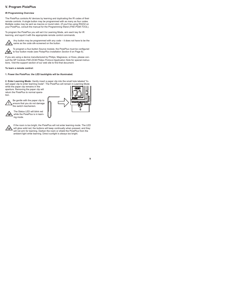 V. program pixieplus, Power the pixieplus, Enter learning mode | SP Controls PixiePlus User Manual | Page 11 / 25