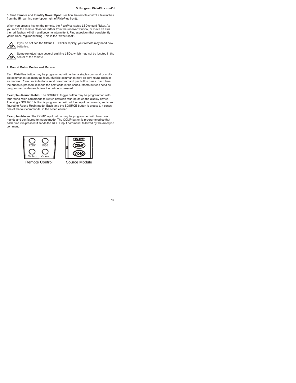 Test remote control and identify sweet spot, Round robin codes and macros | SP Controls PixiePlus User Manual | Page 12 / 25