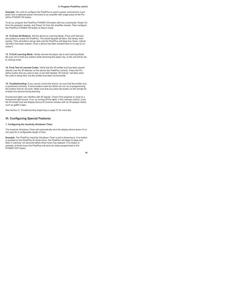 To erase all buttons, To exit learning mode, Final test of learned codes | Troubleshooting, Vi. configuring special features, Configuring the inactivity shutdown timer | SP Controls PixiePlus User Manual | Page 16 / 25