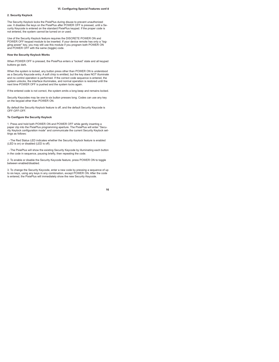 Security keylock | SP Controls PixiePlus User Manual | Page 18 / 25