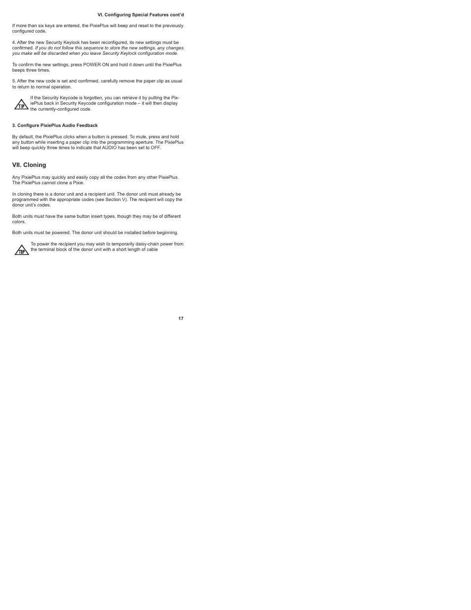Configure pixieplus audio feedback, Vii. cloning | SP Controls PixiePlus User Manual | Page 19 / 25