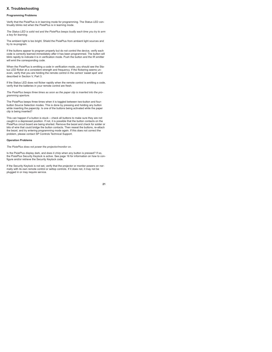 X. troubleshooting | SP Controls PixiePlus User Manual | Page 23 / 25