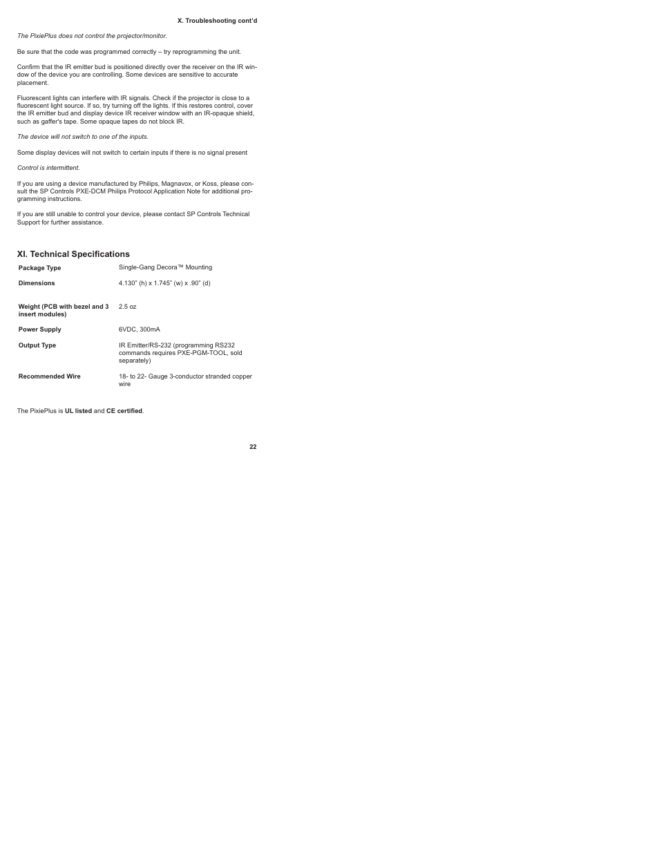 Xi. technical specifications | SP Controls PixiePlus User Manual | Page 24 / 25