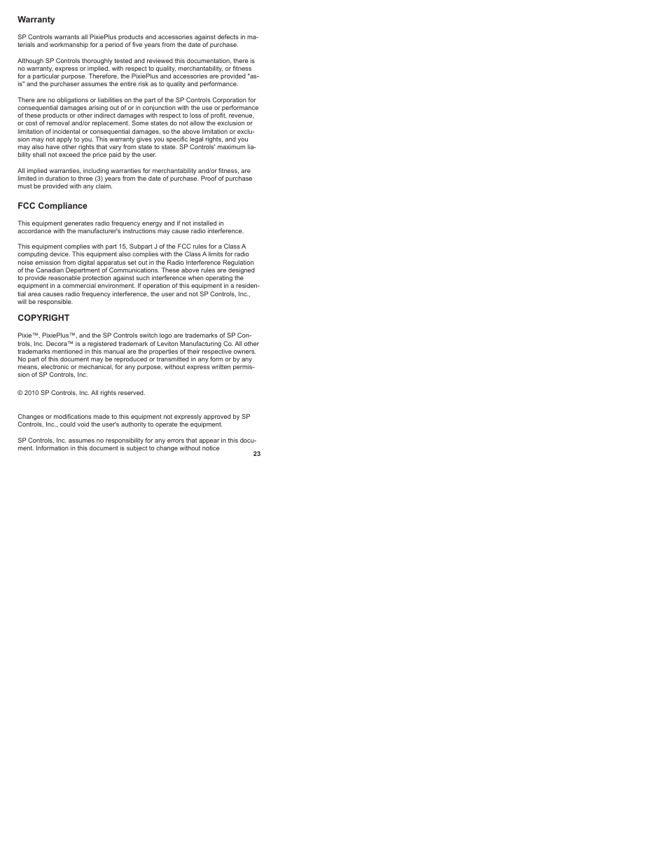 Warranty, Fcc compliance, Copyright | SP Controls PixiePlus User Manual | Page 25 / 25