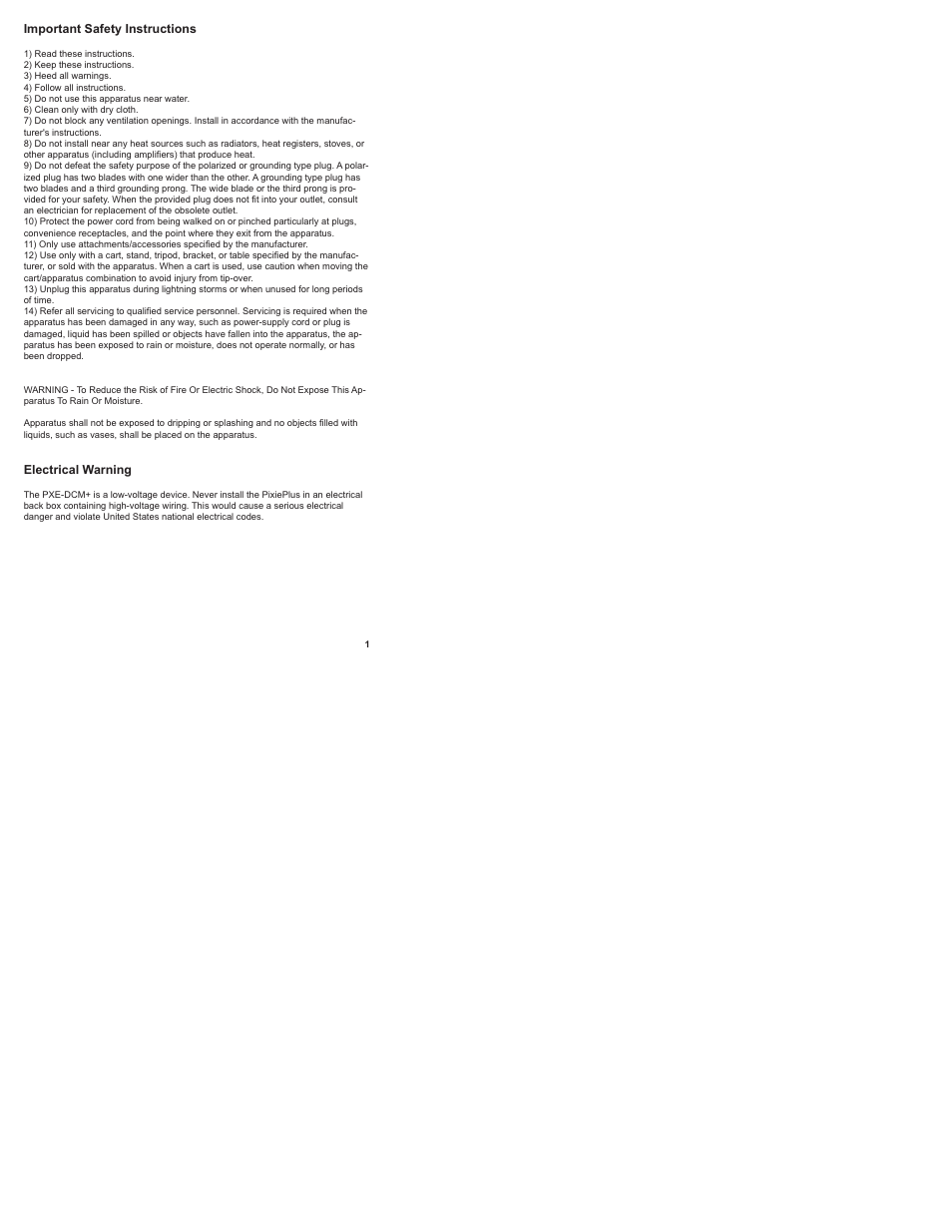 Important safety instructions, Electrical warning | SP Controls PixiePlus User Manual | Page 3 / 25