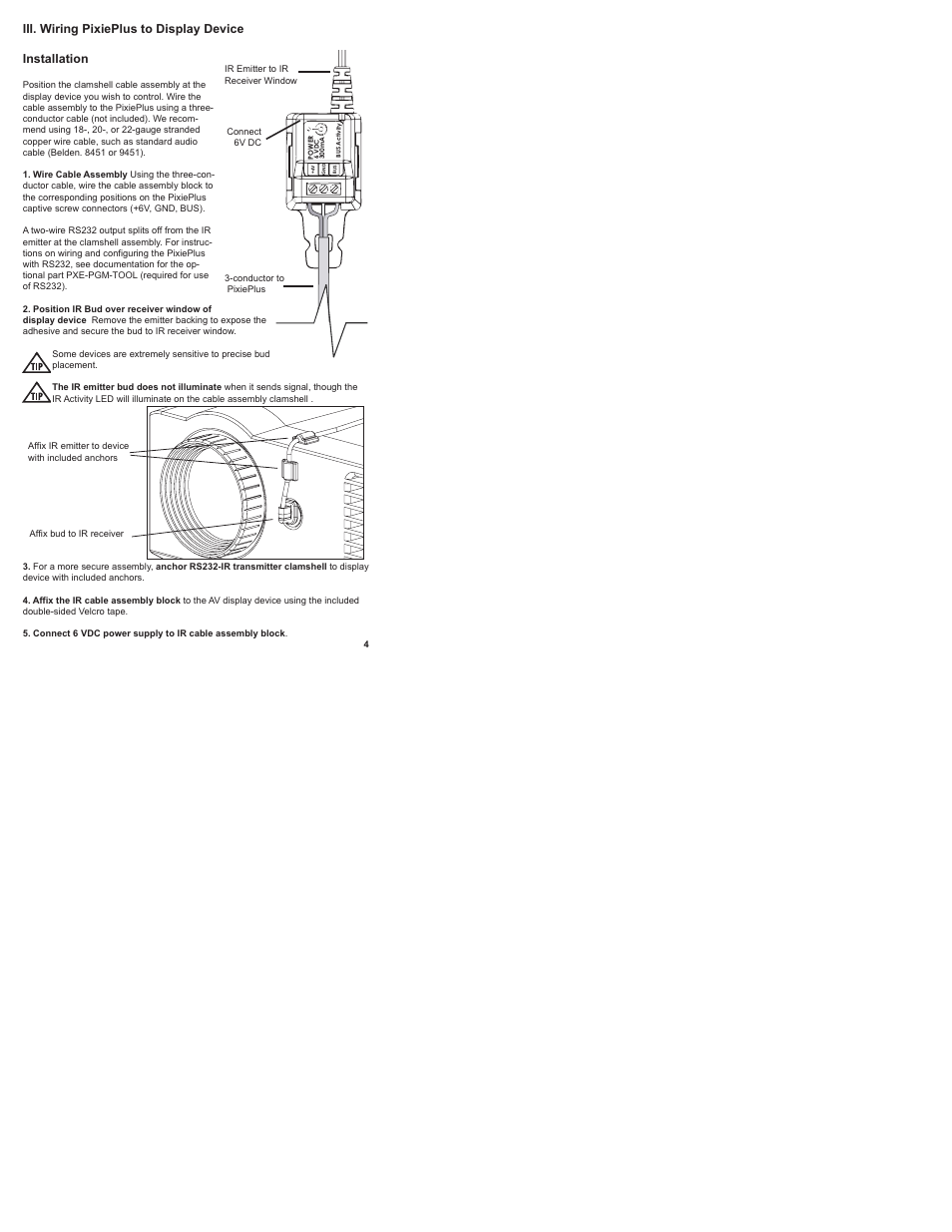 Iii. wiring pixieplus to display device | SP Controls PixiePlus User Manual | Page 6 / 25