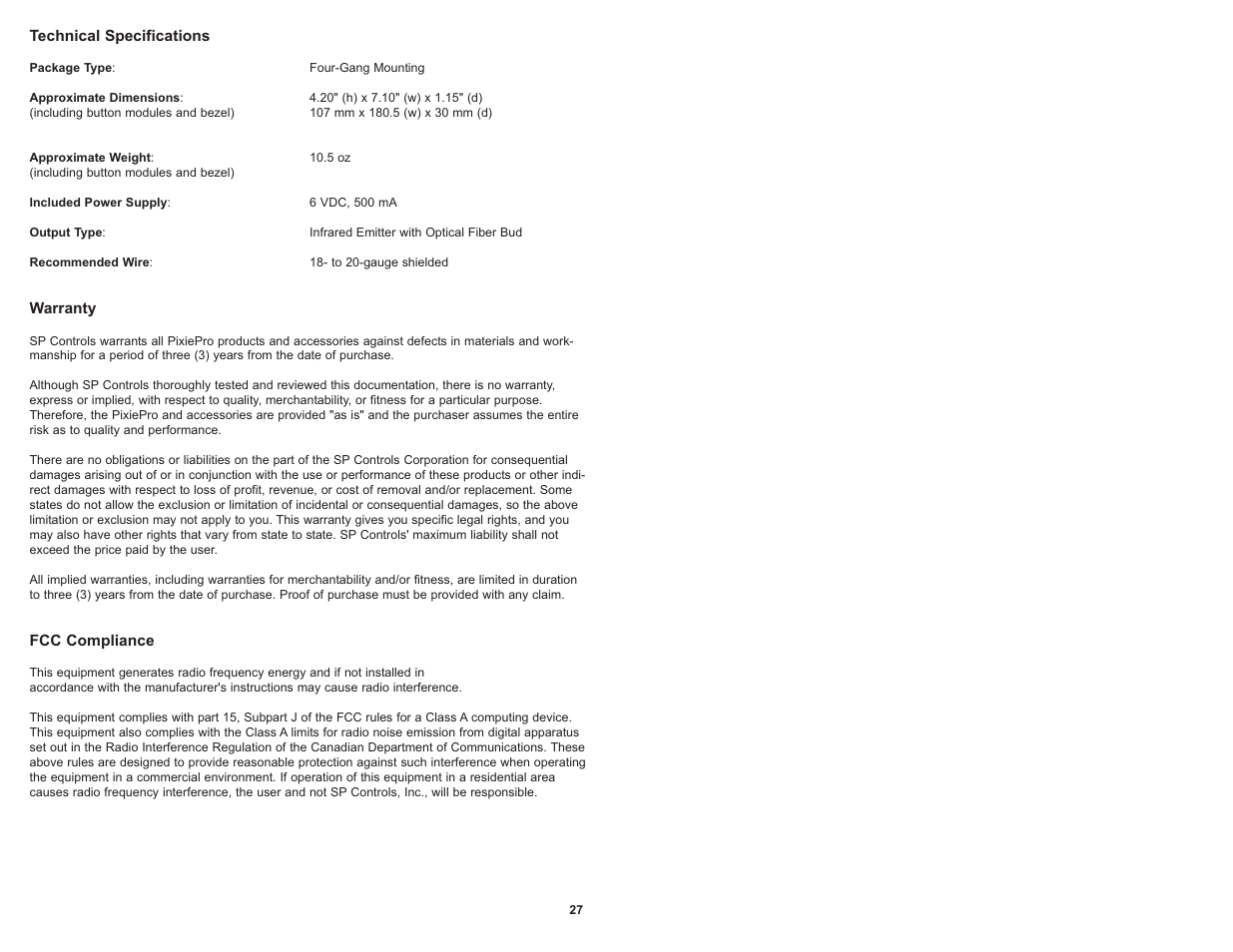 Technical specifications, Warranty, Fcc compliance | SP Controls PixiePro User Manual | Page 30 / 31