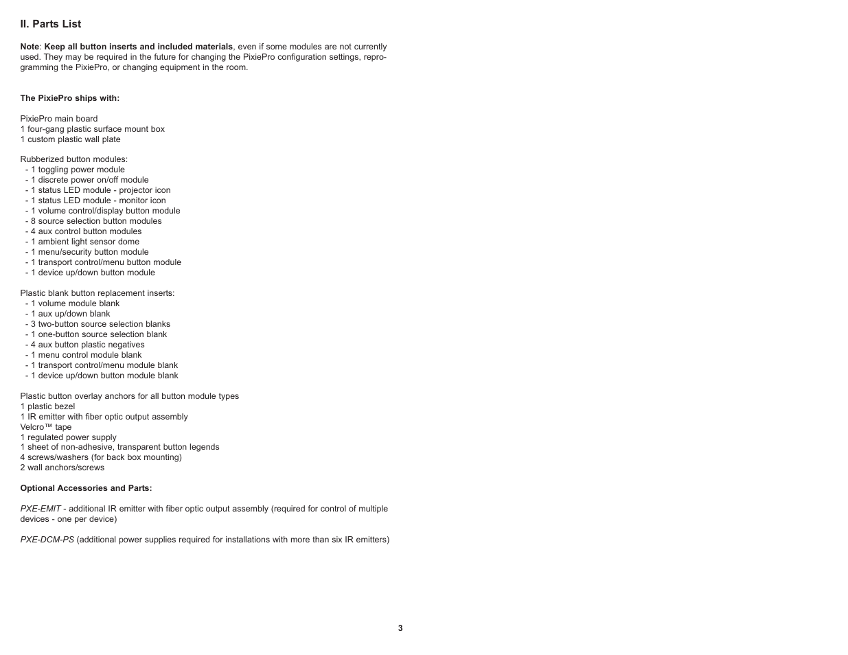 Ii. parts list | SP Controls PixiePro User Manual | Page 6 / 31