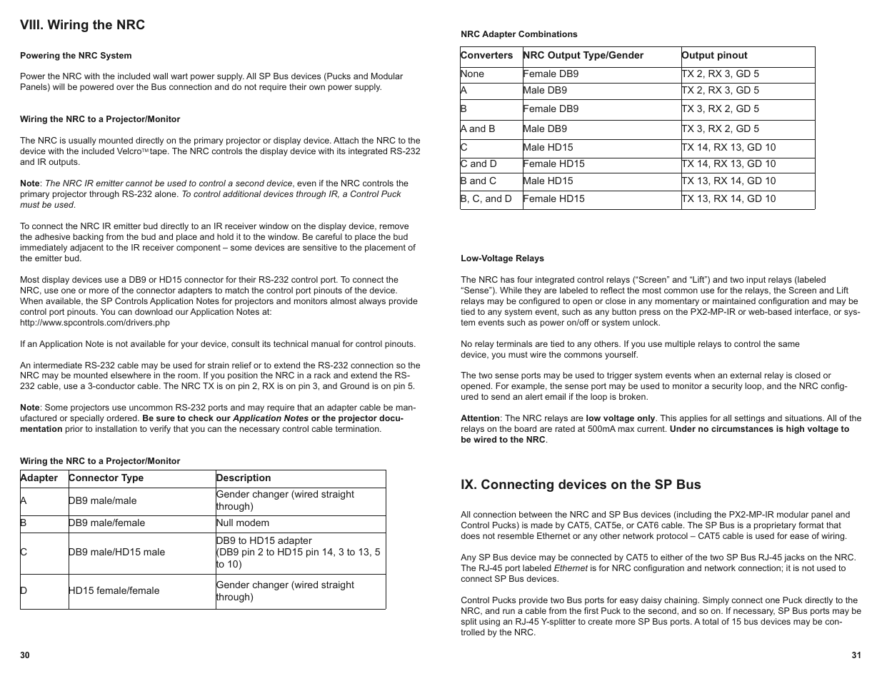 Viii. wiring the nrc, Ix. connecting devices on the sp bus | SP Controls PX2-NRC-1142 User Manual | Page 17 / 18