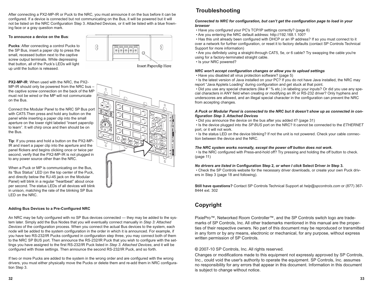 Troubleshooting, Copyright | SP Controls PX2-NRC-1142 User Manual | Page 18 / 18
