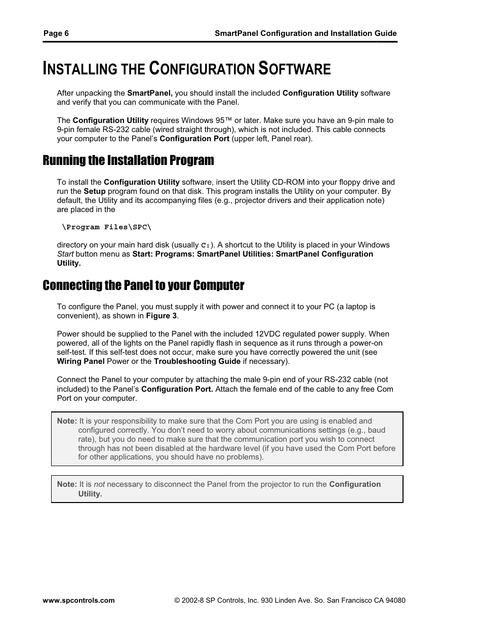 Nstalling the, Onfiguration, Oftware | Running the installation program, Connecting the panel to your computer | SP Controls SmartPanel User Manual | Page 10 / 76