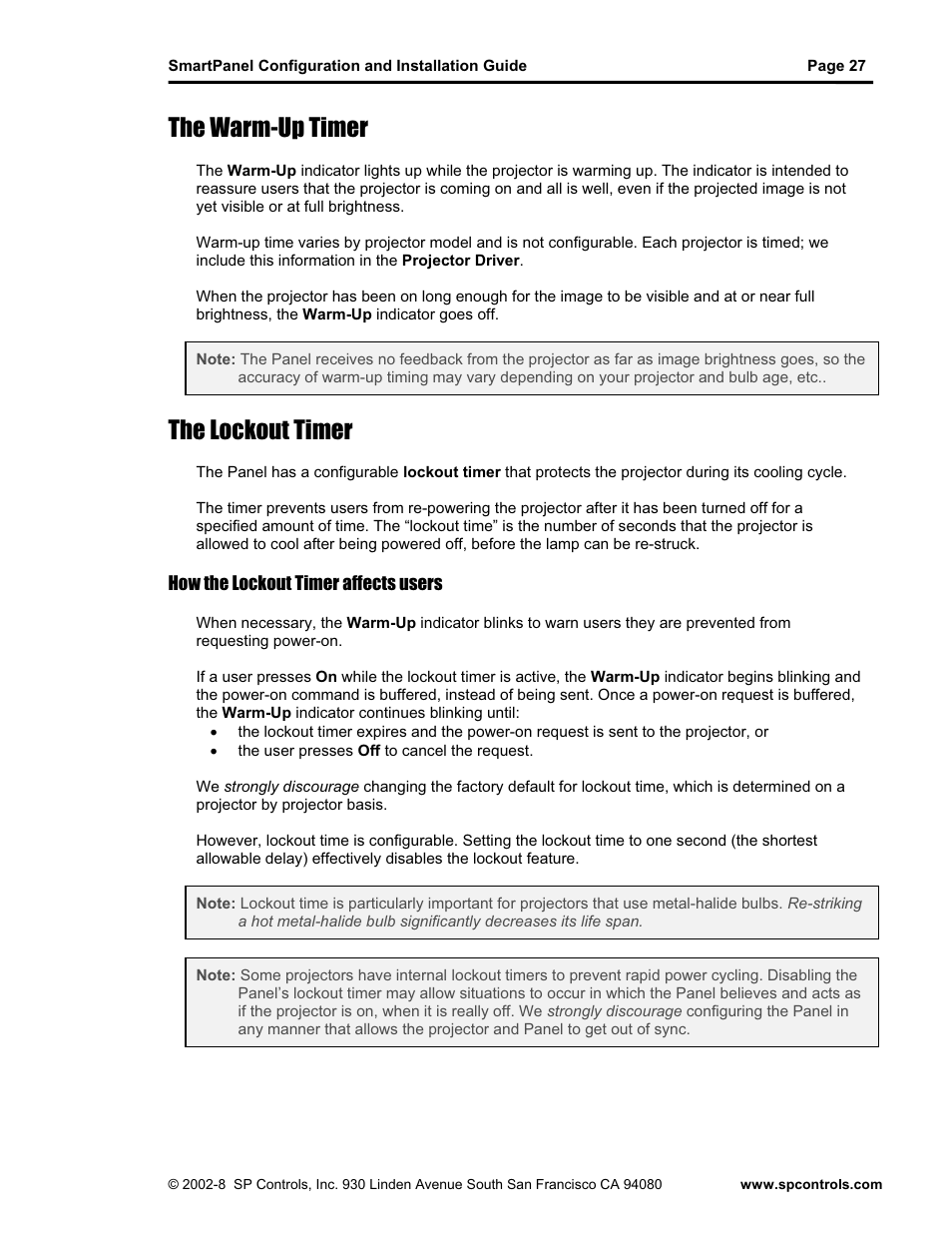 The warm-up timer, The lockout timer | SP Controls SmartPanel User Manual | Page 31 / 76