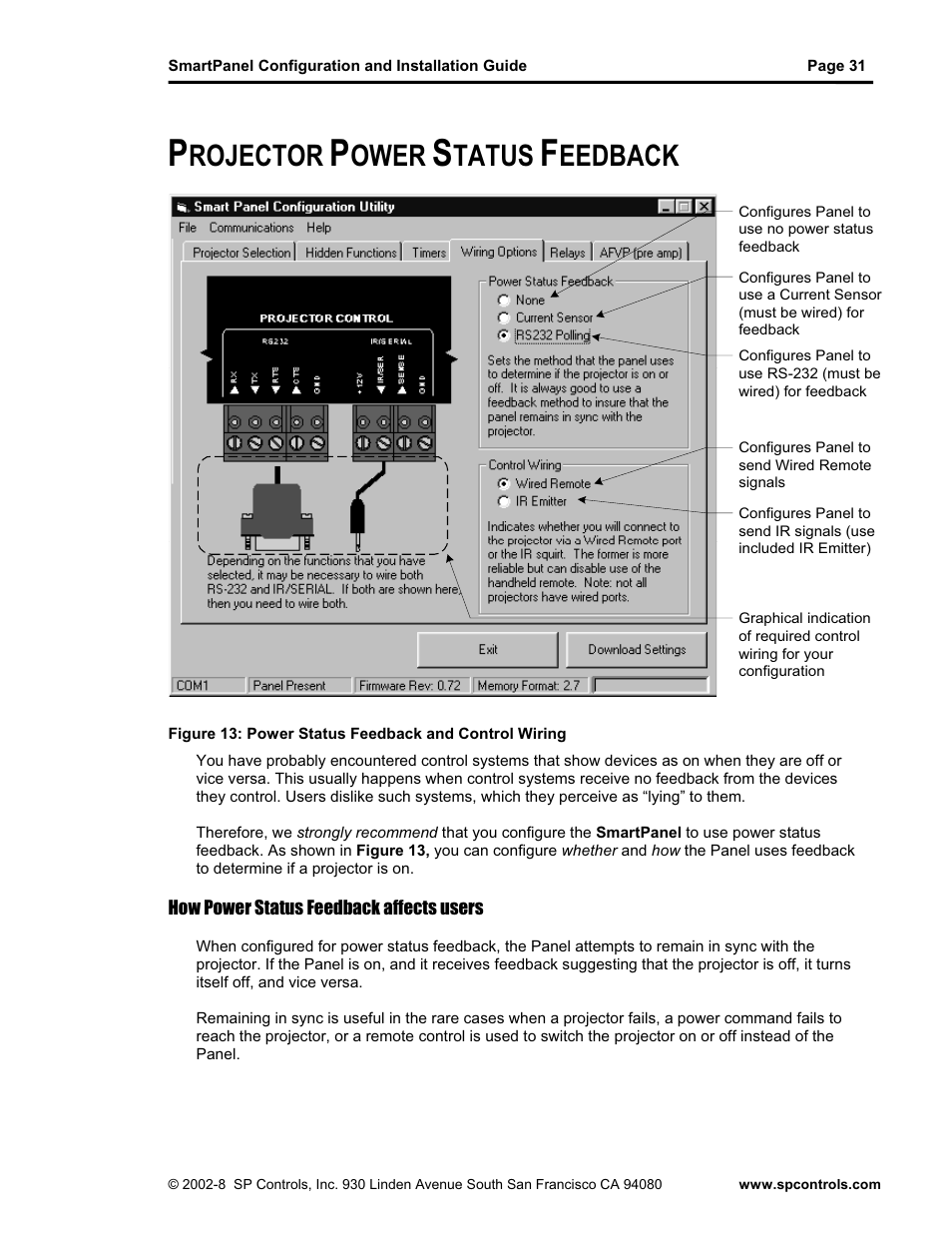 Rojector, Ower, Tatus | Eedback | SP Controls SmartPanel User Manual | Page 35 / 76