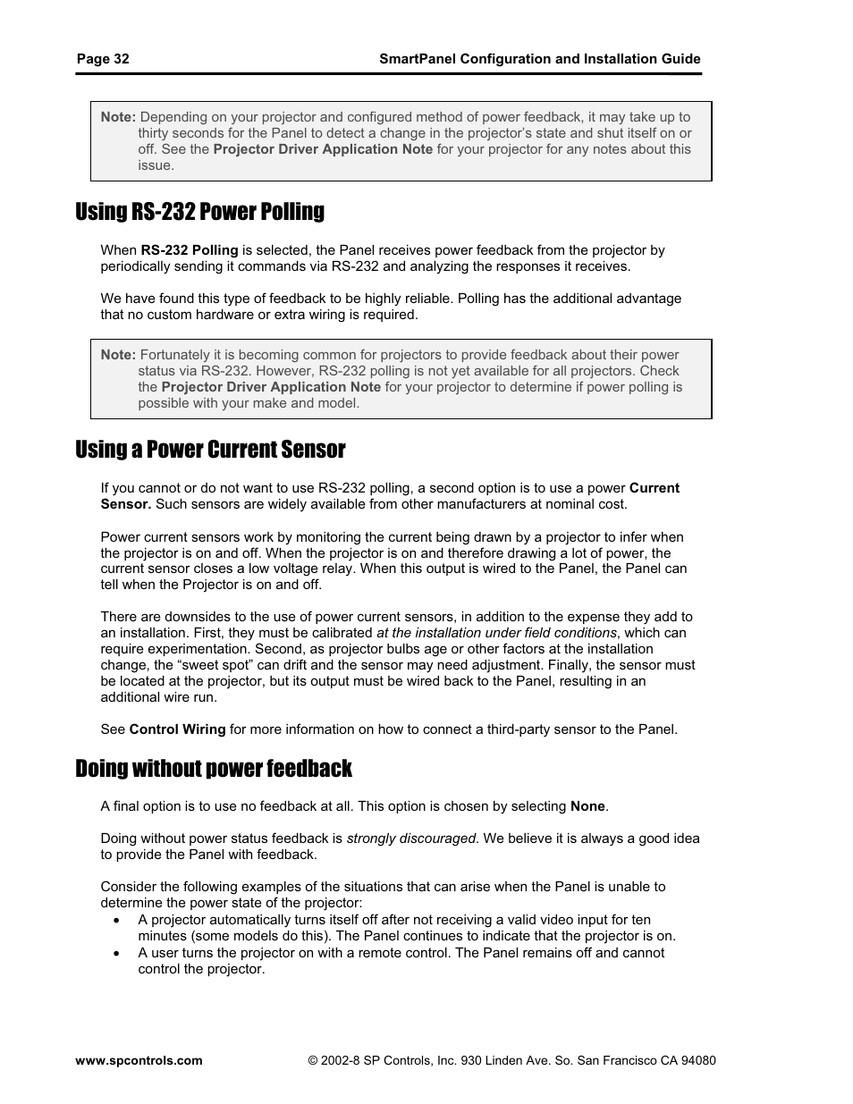 Using rs-232 power polling, Using a power current sensor, Doing without power feedback | SP Controls SmartPanel User Manual | Page 36 / 76