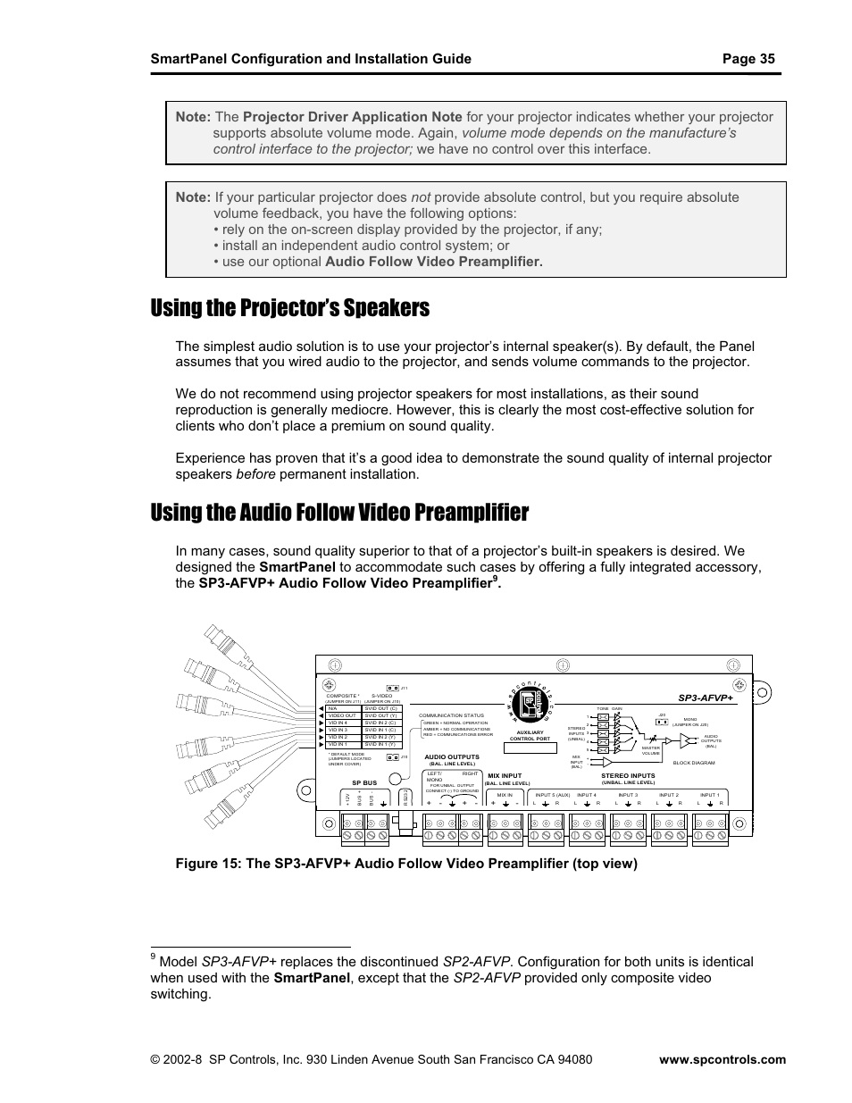Using the projector’s speakers, Using the audio follow video preamplifier | SP Controls SmartPanel User Manual | Page 39 / 76