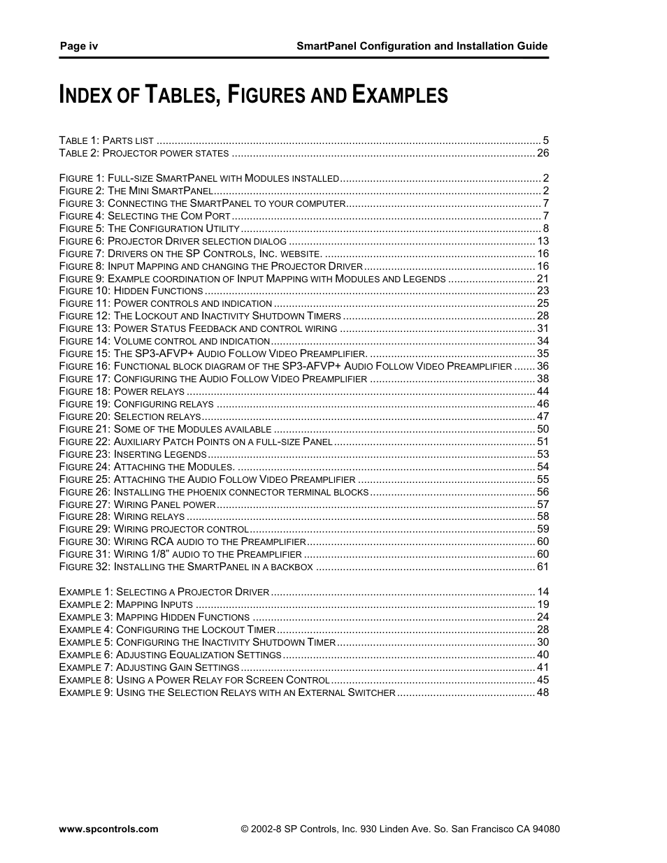 Ndex of, Ables, Igures and | Xamples | SP Controls SmartPanel User Manual | Page 4 / 76