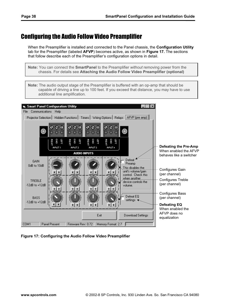 Configuring the audio follow video preamplifier | SP Controls SmartPanel User Manual | Page 42 / 76