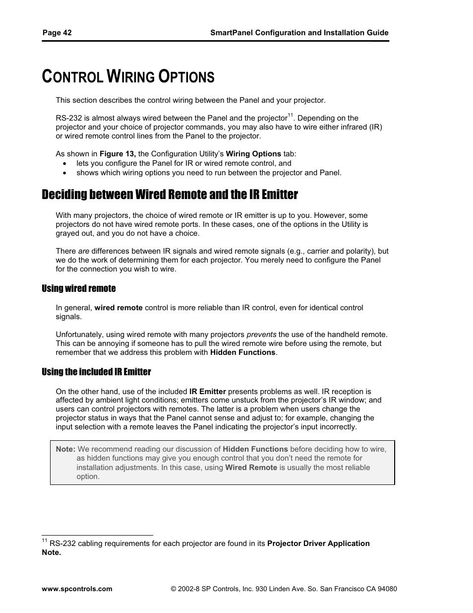 Ontrol, Iring, Ptions | Deciding between wired remote and the ir emitter | SP Controls SmartPanel User Manual | Page 46 / 76