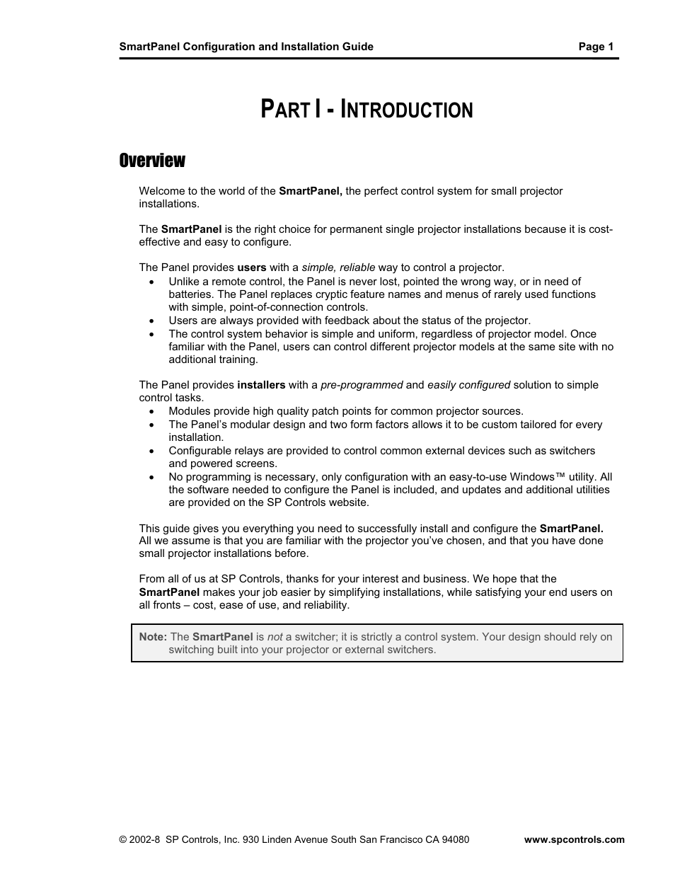 I - i, Ntroduction, Overview | SP Controls SmartPanel User Manual | Page 5 / 76