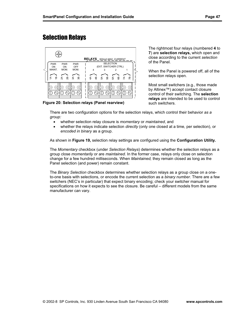 Selection relays, Figure 20: selection relays (panel rearview) | SP Controls SmartPanel User Manual | Page 51 / 76