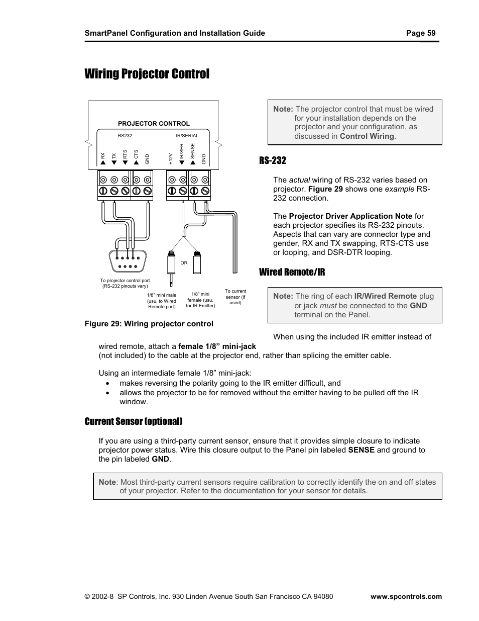 Wiring projector control, Rs-232, Wired remote/ir | Current sensor (optional) | SP Controls SmartPanel User Manual | Page 63 / 76