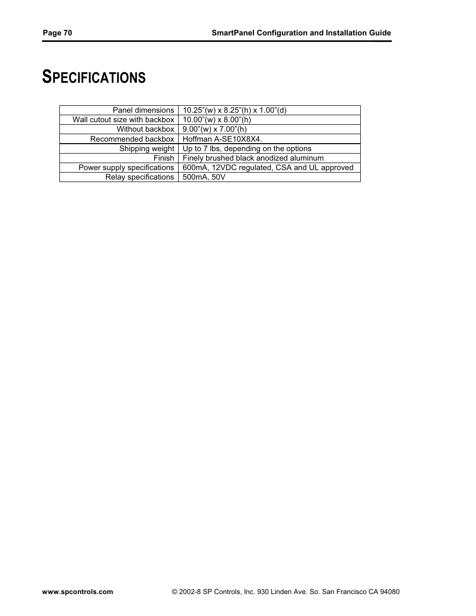 Pecifications | SP Controls SmartPanel User Manual | Page 74 / 76