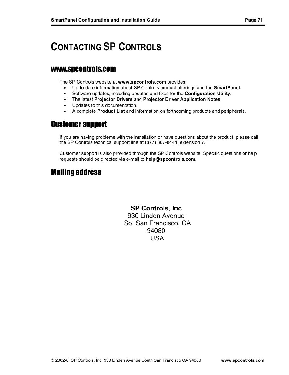 Sp c, Ontacting, Ontrols | Customer support, Mailing address | SP Controls SmartPanel User Manual | Page 75 / 76