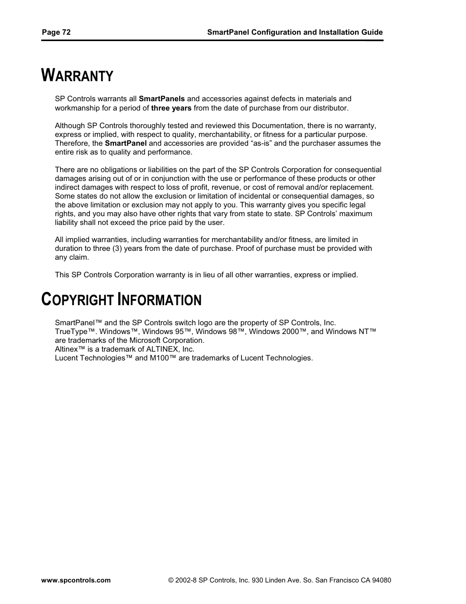 Arranty, Opyright, Nformation | SP Controls SmartPanel User Manual | Page 76 / 76