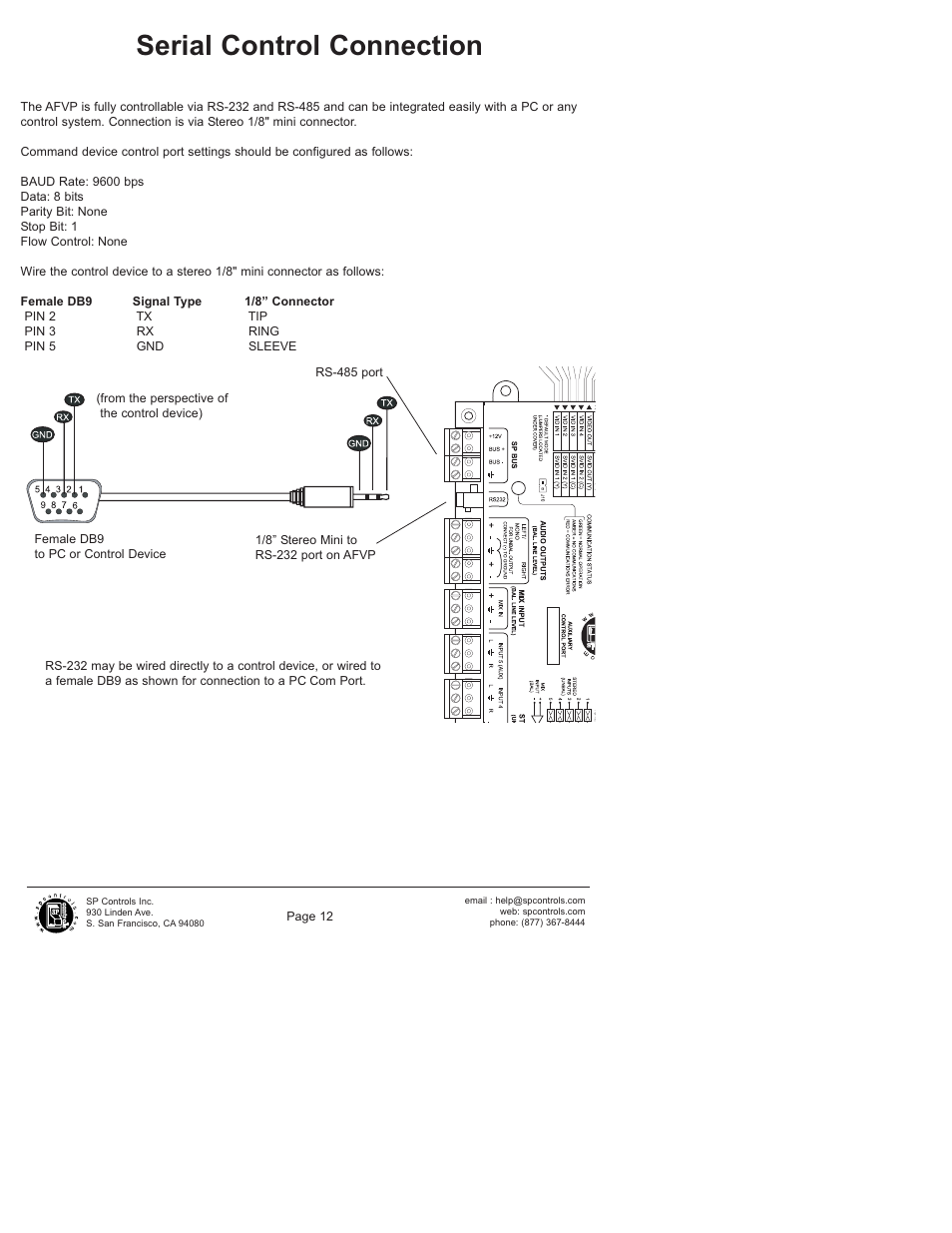 Serial control connection | SP Controls SP3-AFVP+ User Manual | Page 12 / 16