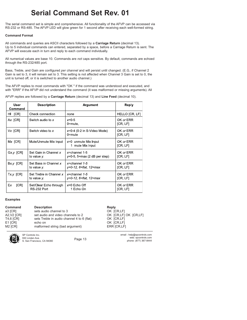 Serial command set rev. 01 | SP Controls SP3-AFVP+ User Manual | Page 13 / 16