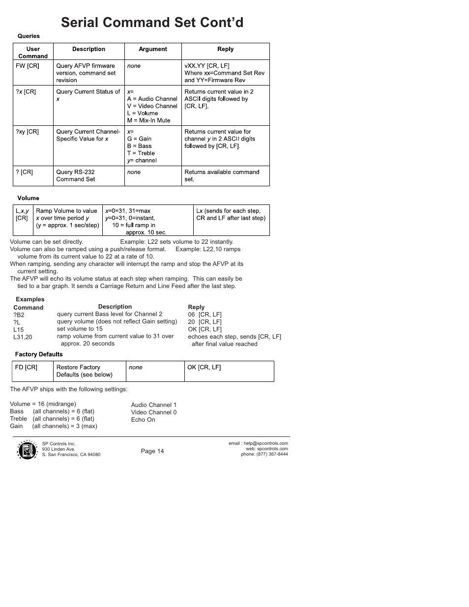 Serial command set cont’d | SP Controls SP3-AFVP+ User Manual | Page 14 / 16