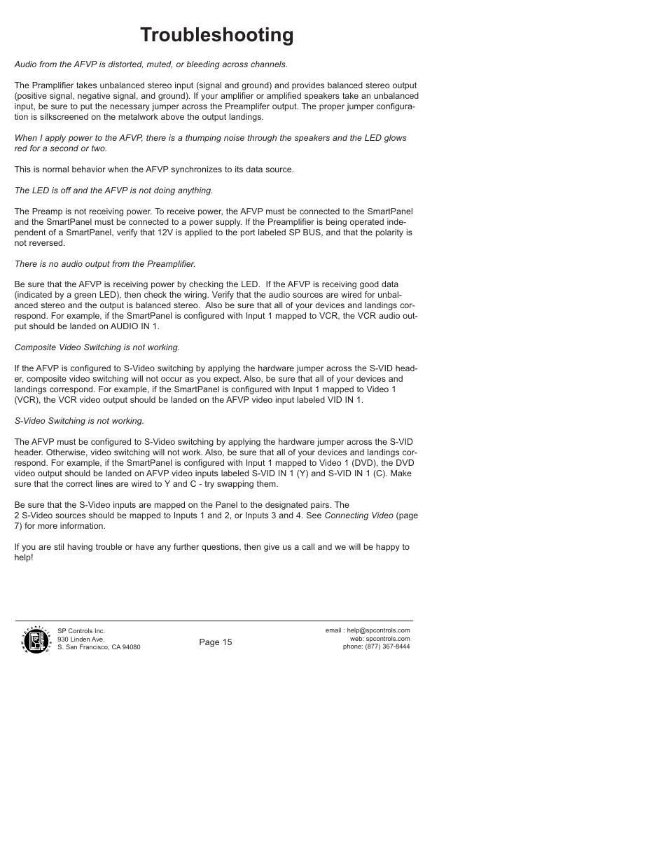 Troubleshooting | SP Controls SP3-AFVP+ User Manual | Page 15 / 16