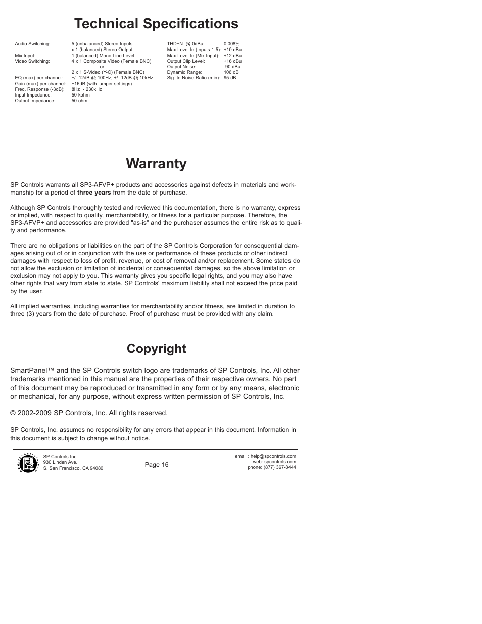 Technical specifications warranty, Copyright | SP Controls SP3-AFVP+ User Manual | Page 16 / 16