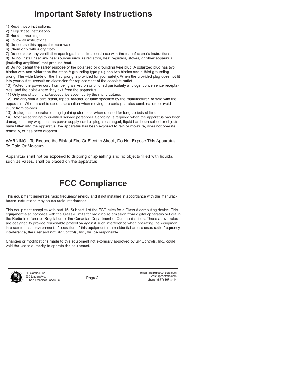 Important safety instructions, Fcc compliance | SP Controls SP3-AFVP+ User Manual | Page 2 / 16