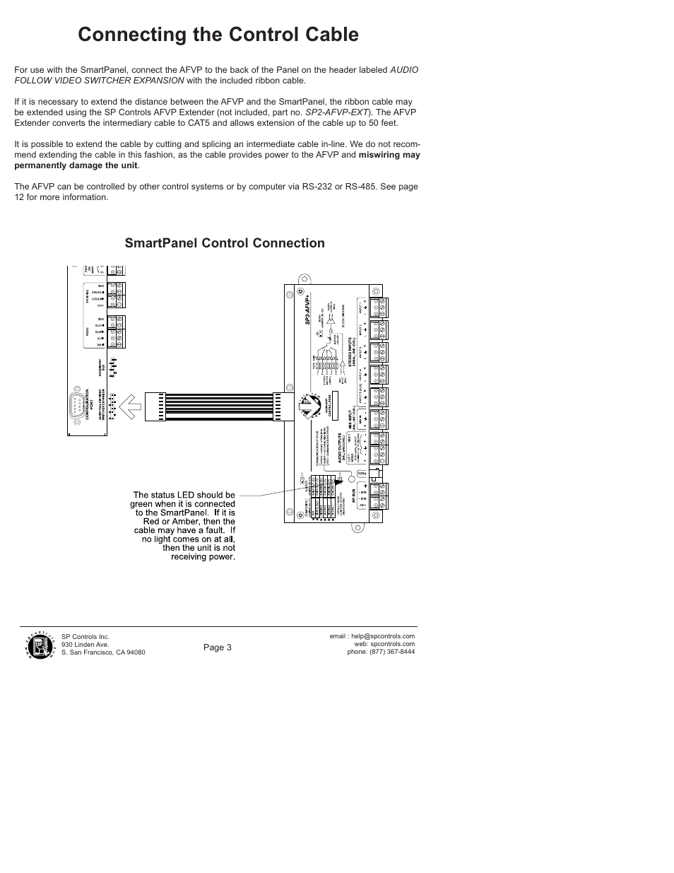 Connecting the control cable, Smartpanel control connection | SP Controls SP3-AFVP+ User Manual | Page 3 / 16
