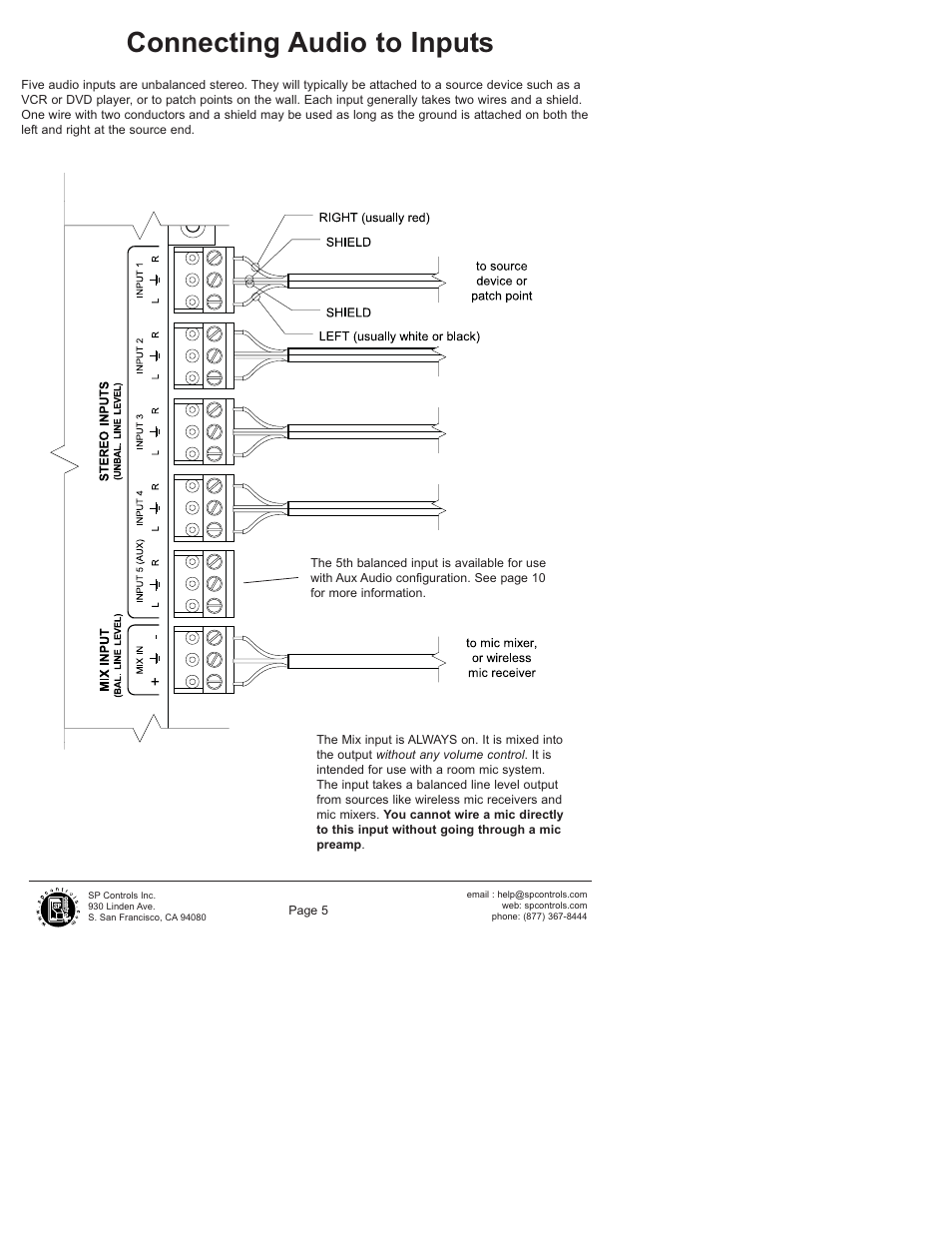 Connecting audio to inputs | SP Controls SP3-AFVP+ User Manual | Page 5 / 16