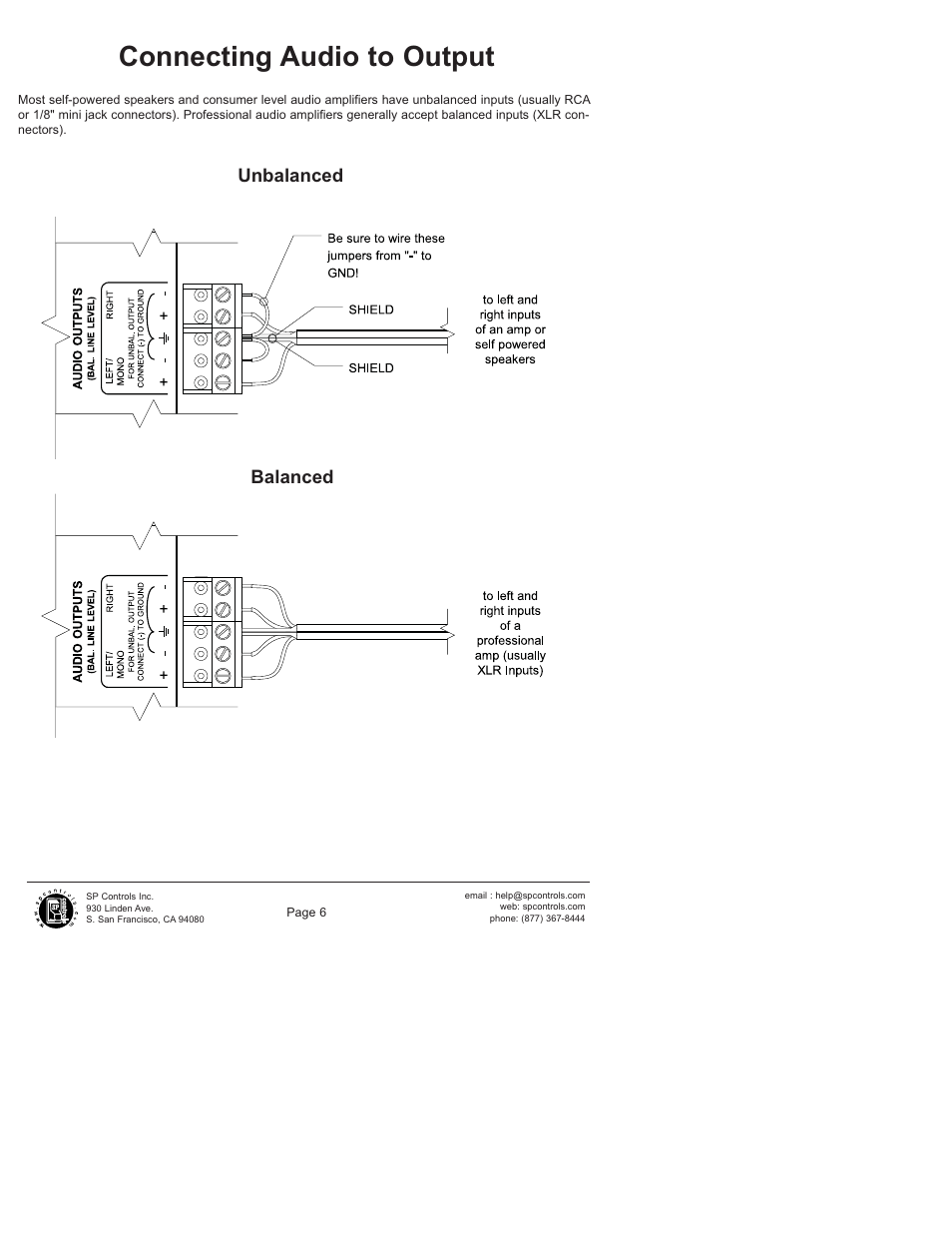 Connecting audio to output, Unbalanced balanced | SP Controls SP3-AFVP+ User Manual | Page 6 / 16