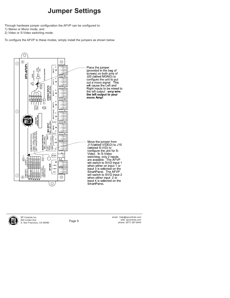 Jumper settings | SP Controls SP3-AFVP+ User Manual | Page 9 / 16