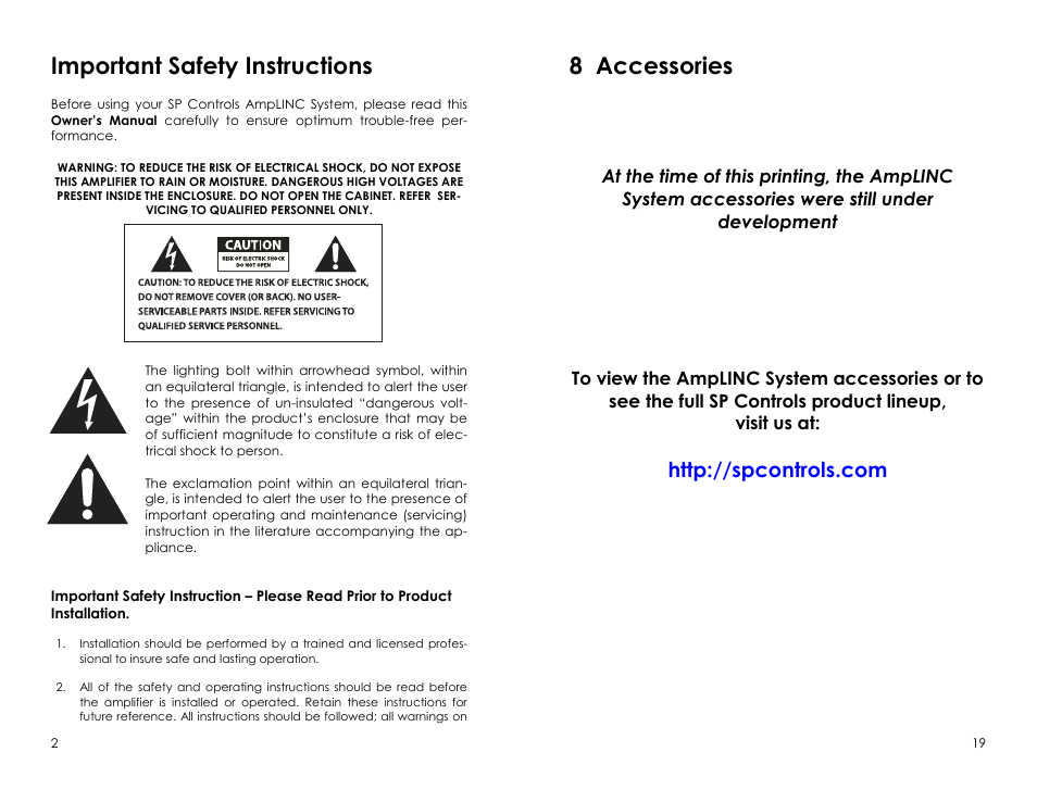 Important safety instructions, 8 accessories | SP Controls AmpLINC System User Manual | Page 2 / 10