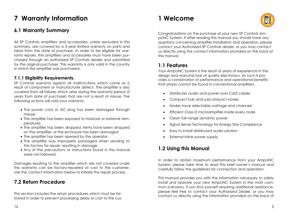 7 warranty information, 1 welcome, 1 warranty summary | 2 return procedure, 1 features, 2 using this manual | SP Controls AmpLINC System User Manual | Page 5 / 10