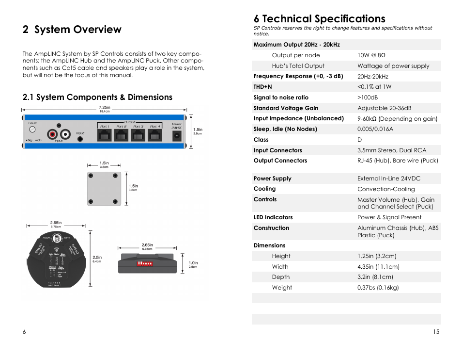 2 system overview, 6 technical specifications, 1 system components & dimensions | SP Controls AmpLINC System User Manual | Page 6 / 10