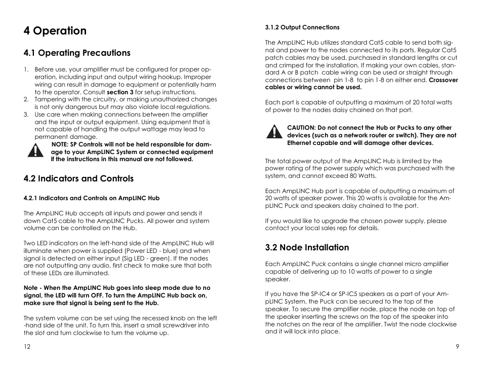 4 operation, 1 operating precautions, 2 indicators and controls | 2 node installation | SP Controls AmpLINC System User Manual | Page 9 / 10