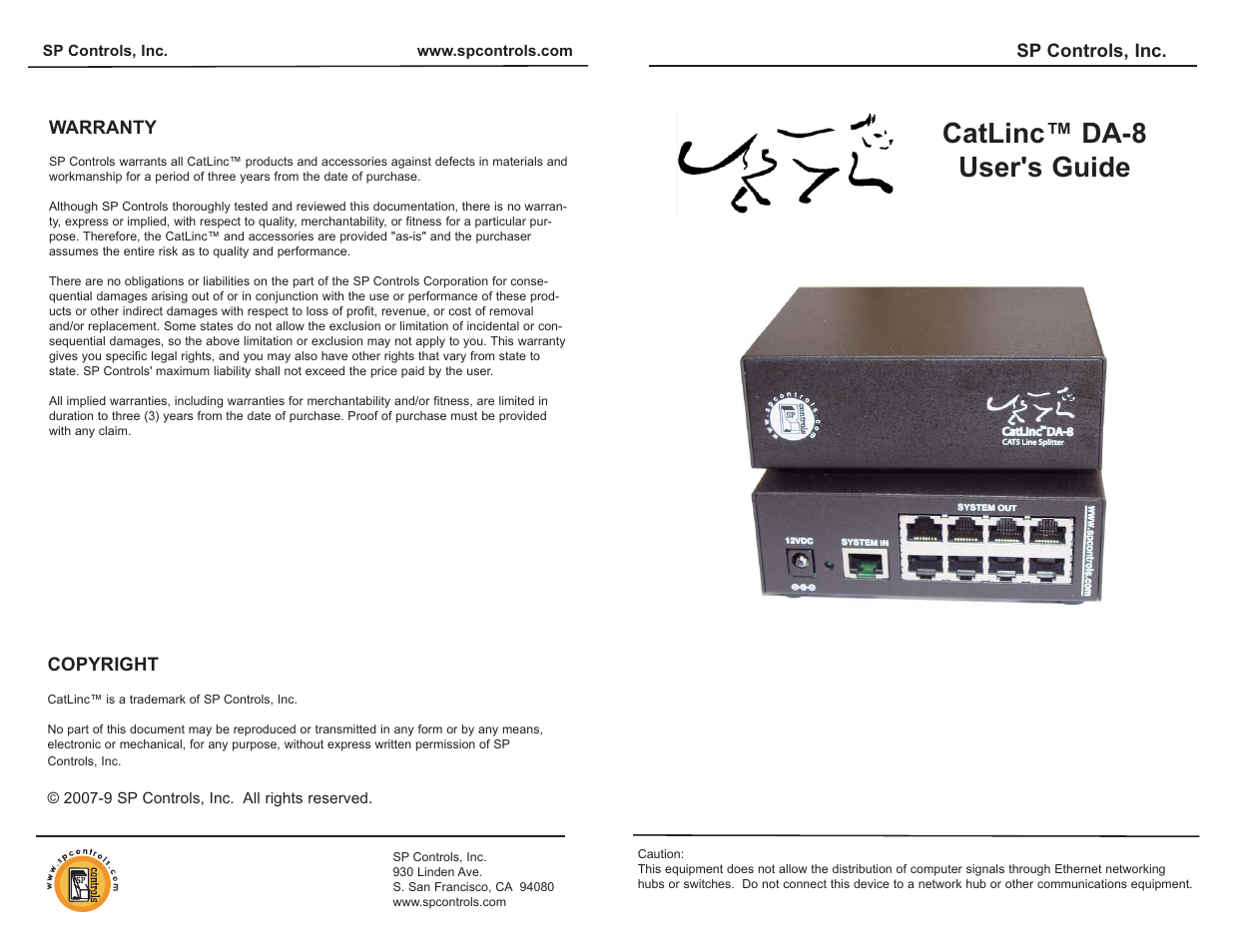 SP Controls DA-8 CatLinc User Manual | 2 pages