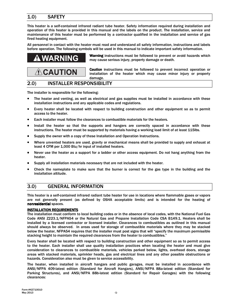 0) safety, 0) installer responsibility, 0) general information | Space Ray LTU Series Two Stage User Manual | Page 3 / 42