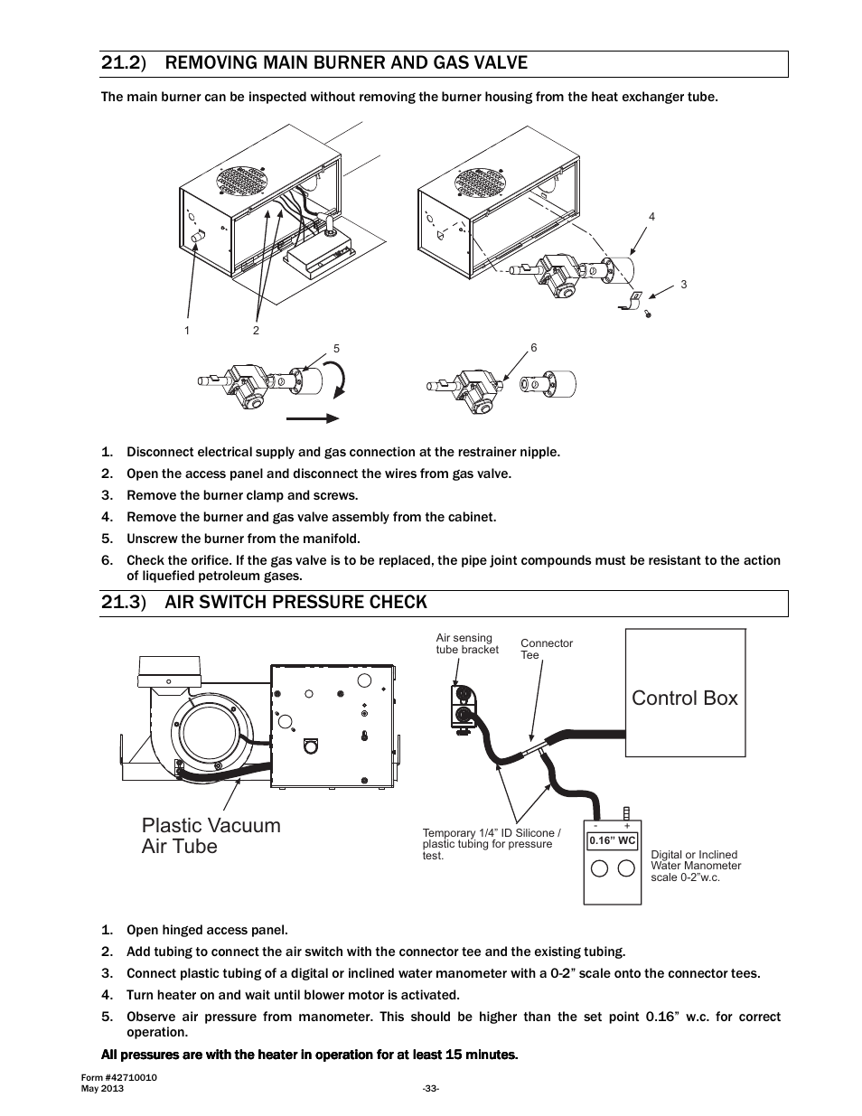 Plastic vacuum air tube, Control box, 2) removing main burner and gas valve | 3) air switch pressure check | Space Ray LTU Series Two Stage User Manual | Page 35 / 42