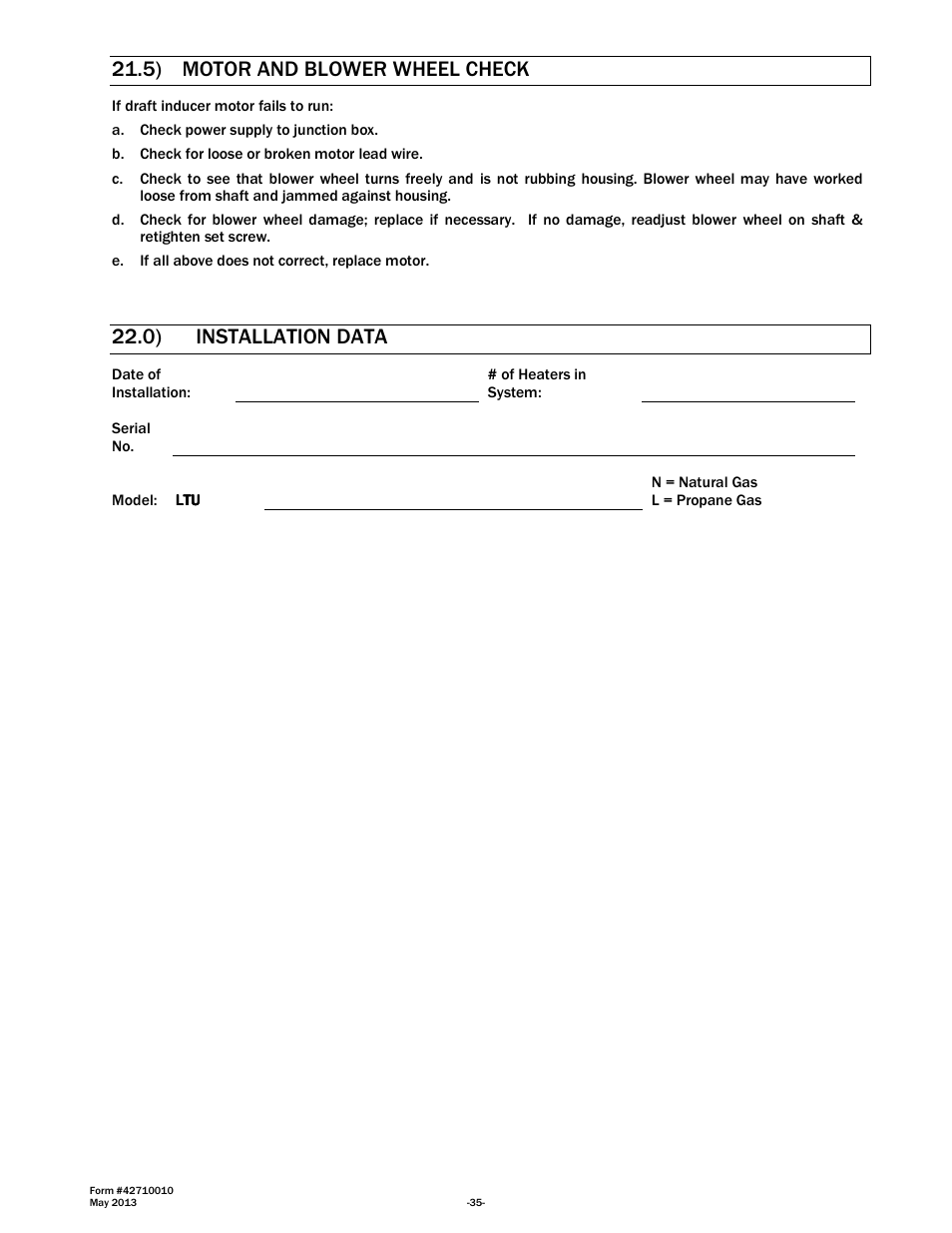 5) motor and blower wheel check, 0) installation data | Space Ray LTU Series Two Stage User Manual | Page 37 / 42